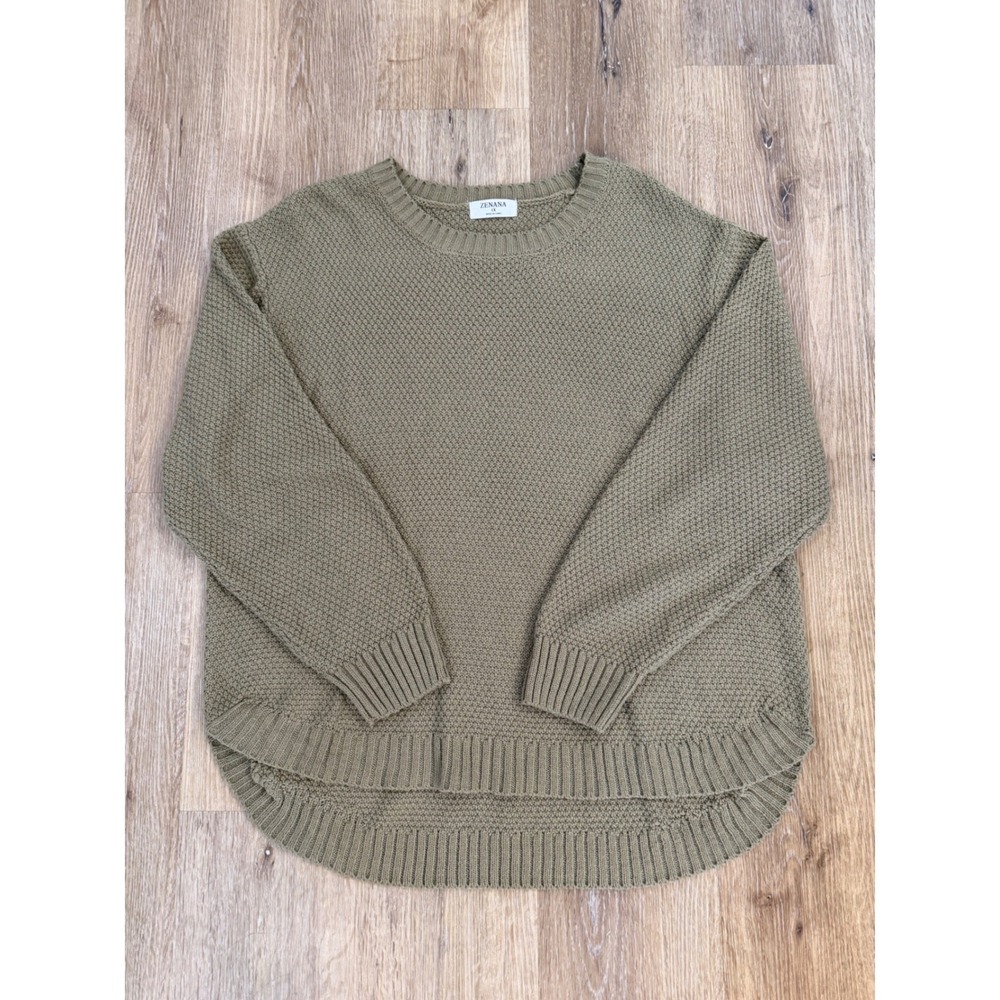 Zenana Gorpcore Sweater Women 1X Olive Green Waffle Knit Curved Hem Earthy Cabin